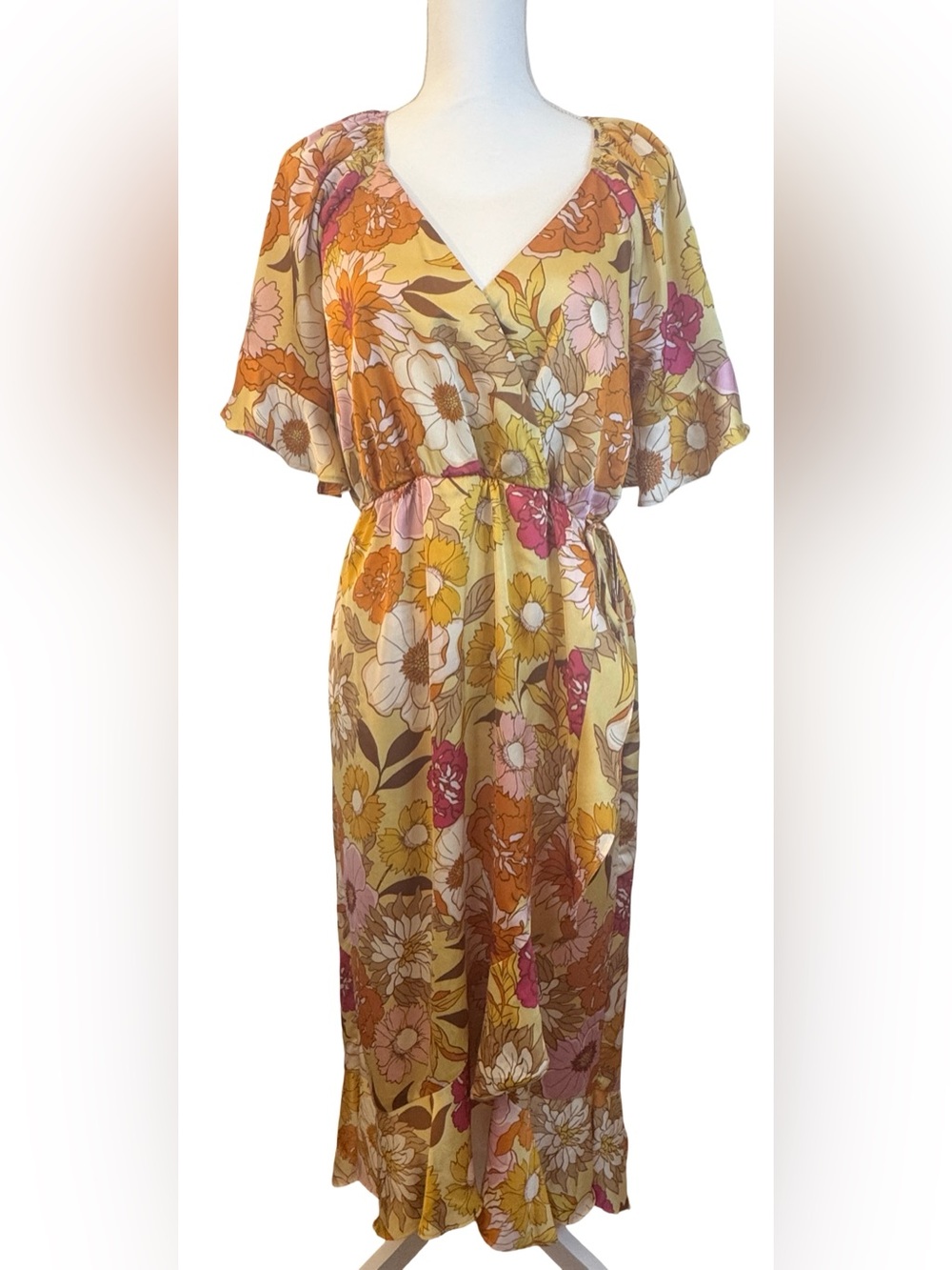 Women's Piper and Scoot Yellow Floral Maxi Dress with Smocked Waist Ruffles